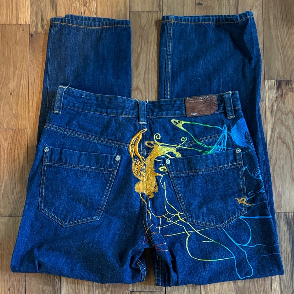 Vintage ROCAWEAR "Foxy Lady" Embroidered Embellished Jeans Men's SZ 36x33
